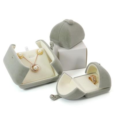 China Modern Elegant Egg Shape Double Cover Velvet Ring Necklace Jewelry Packaging Box Beige Flocking Set for sale