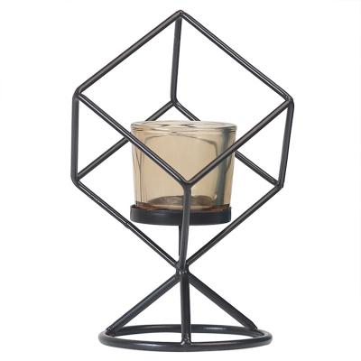 China Modern Geometric Square Nordic Table Candle Holder Wrought Iron Decoration Creativity Candle Glass Cups for sale