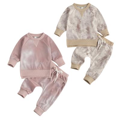 China New Autumn 0-24M Toddler Baby Girl Boy Plus Size Tie Dye Print 2Pcs Set Long Sleeve Khaki/Pink Top+Pockets Pants Infant Clothes for sale