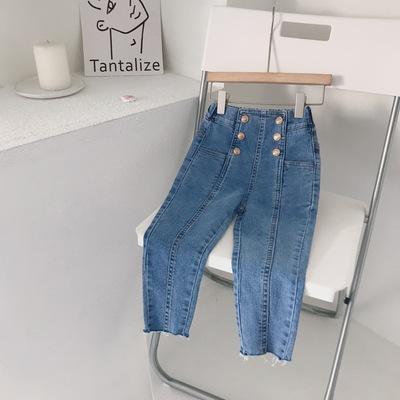 China 2021 Autumn Baby Toddler Girl Button Blue Crossed Jeans 2-7T Anti-pilling for sale