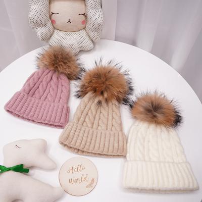 China 2pcs/lot European And American Style Women Pompom Knit Wool Hat Children Kids Fashion Warm Winter Hat Children Mommy And Me Good Quality Real Fur Pom Pom Hat for sale