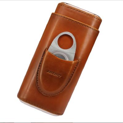 China Handmade 3 - Finger Brown Leather Cigar Case Cedar Wood Lined Cigar Humidor with Silver Stainless Steel Cutter for sale