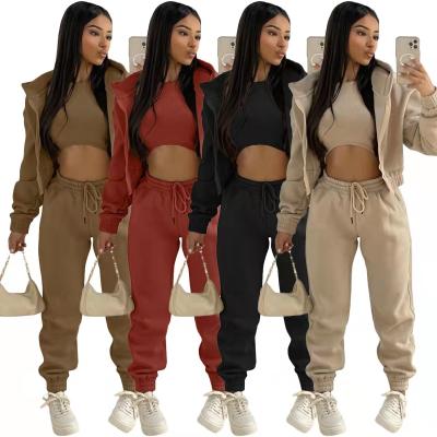 China QUICK DRY QUICK DRY Thick Sweatsuit Autumn Winter 3 Piece Set Women Crop Top Jacket And Joggers Two Piece Tracksuit for sale