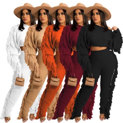 China Casual Knitted Tassel Fringe Anti-pilling Fringes 2021 Winter Apparel Women Ribbed Knit Sweater Panties Two-piece Set for sale