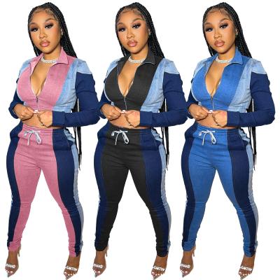 China Casual Fashionable Zipper Top 2 Piece Color Block Anti-pilling Anti-pilling Crop Pant Set Women Outfits Clothing for sale