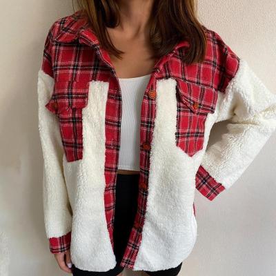 China 2022 New Fashion Breathable Fashion Turn Down Collar Fur Plaid Shirts Women Ladies Autumn Faux Fur Jacket Coat for sale