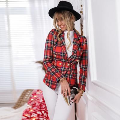 China Lady Formal Waterproof Office Button Down Plaid Blazer Women Autumn Long Sleeve Plaid Jacket Coat for sale