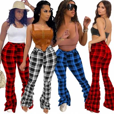 China Popular Anti Wrinkle Grid Printing Waist Rocker Pants Tops Fashion Women Plaid Bell Bottom Panties for sale