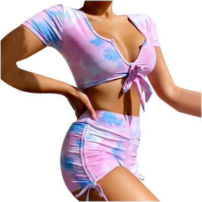 China 2021 Viable Sleeve Waist Tie Dye Short Viable Bikini Top 2 Piece Bow Knot Tankini Swimwear for sale