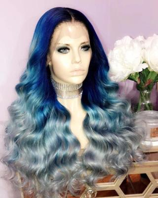 China Best Selling Ombre Hair Ombre Gray Loose Wave Full Lace Wig Rainbow Wave Hair Virgin Hair Superb Colored Dark Blue Wig for sale