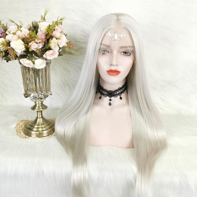 China Wholesale Silky Straight Middle Part Synthetic Wigs With Baby Hair Lace Front Synthetic Wigs White Color for sale