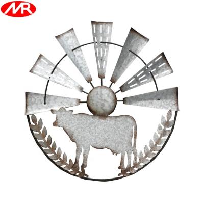 China Decorative Farmhouse Rustic Cow Metal Sculpture Wall Windmill for sale