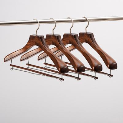 China Custom CLASSIC Wide Shoulder Antique Logo Wooden Heavy Duty Extra Wooden Coat Hangers with Panty Bar for sale