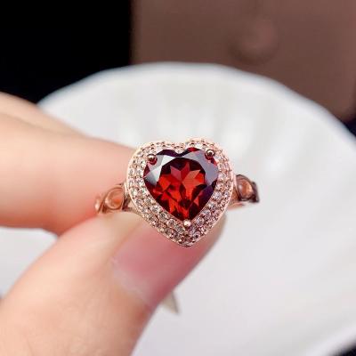 China Genuine 925 Sterling Silver Style Ring Garnet Heart Gem Adjustable Genuine Gem Lady Casual/Sporty Natural Simple Size for sale