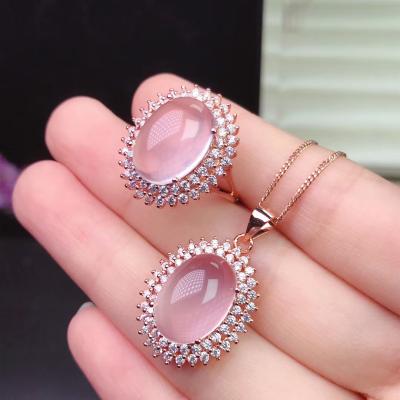 China Wholesale Natural Powder Stone Casual/Sporty High End Jewelry Set Crystal Ring Necklace Women 925 Sterling Silver for sale