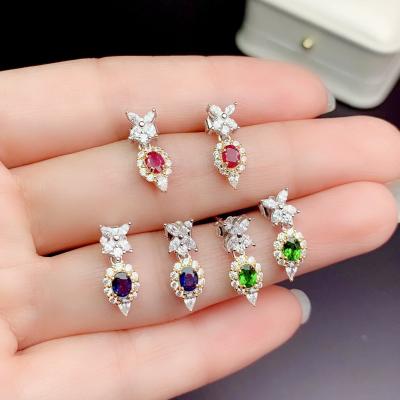 China Ethnic Natural Red Women's Earrings 925 Sterling Silver Natural Sapphire Diopsides All Kinds Of Gem Earrings Wholesale for sale