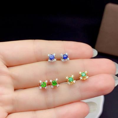 China 925 Sterling Silver Genuine Ethnic Natural Green Women's Earrings Sapphire Earrings Wholesale for sale