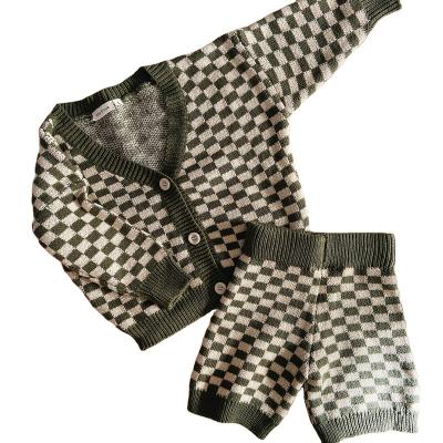 China New Breathable Checkerboard Knit Two Pieces Neutral Infant Toddler Cardigans Biker Shorts Sweater Set for sale