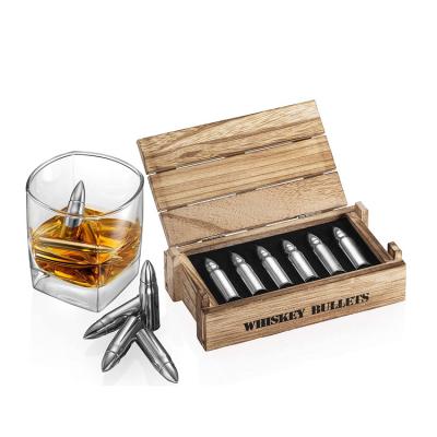 China Stainless Steel Ice Cube Minimalist Bullet Shaped Army Whiskey Stone Bullets Wooden Gift Set Bullet Whiskey Stone for sale