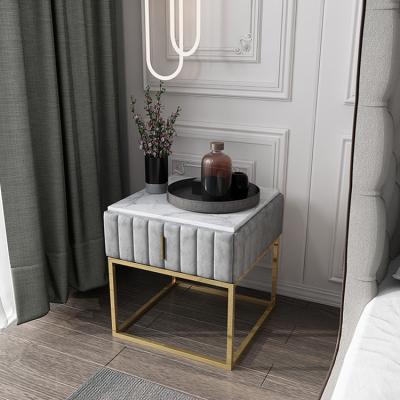 China Nordic Modern Marble Velvet Nightstand Marble Table Top Panel Velvet Bedside Light Table Night Light Bedroom Furniture Bedside Cabinet for sale