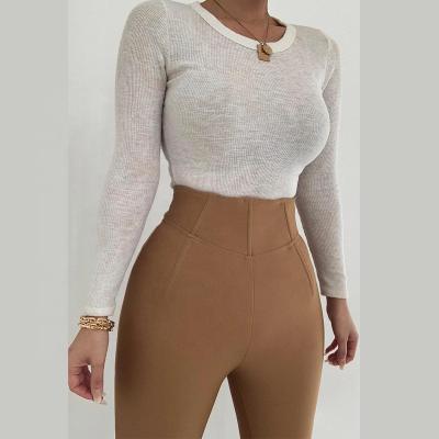 China Anti-pilling New Custom Round Neck Ribbed Long Sleeve Bodycon Knit Top T-Shirt For Women for sale