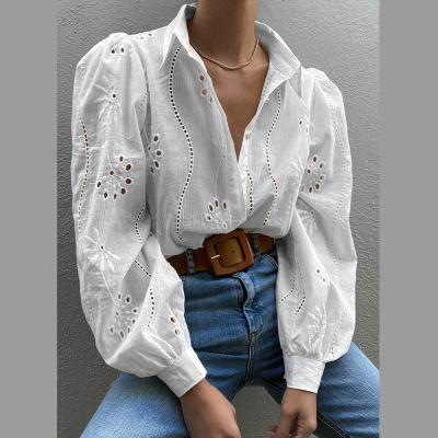 China Anti-pilling Floral Embroidered Cotton Lace Long Sleeve Button Up Ladies Blouses Tops Shirts for sale