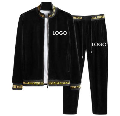 China Other Winter 2021 unisex black color velvet luxury custom wholesale custom thick embroidery cotton two-piece with zipper men's tracksuits for sale