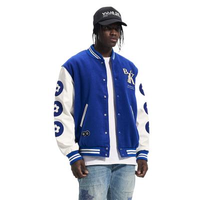 China Other OEM Wholesale Custom Logo Plus Size With Blue Patches Leather Sleeves And White Bomber Baseball Varsity Jackets For Men Women for sale