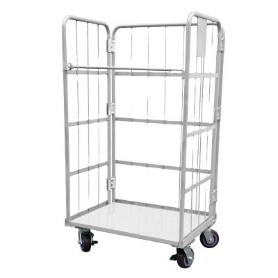 China Tools Hot Sale Four Wheels Easily Assembled Industrial Metal 3 Sided Logistics Wire Folding Mesh Warehouse Storage Trolley for sale