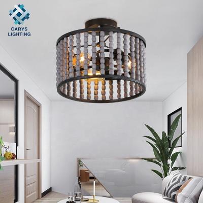 China Vintage American Iron And Wood Pendant Light Fixture Bead Wood Farmhouse Style Hanging Ceiling Light for sale