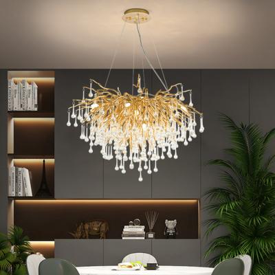 China Gold Modern Luxury Teardrop Living Room Aluminum Light Fixture Hanging Glass LED Chandelier for sale