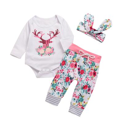 China Newborn toddler rompers+printed pants+bow bow headband spring Spandex/cotton/baby fall apparel 3 piece costume for sale