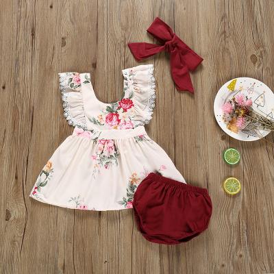 China New Design 100% Cotton Vintage Baby Clothing Sets With Sleeveless Dress+Shorts+Hair Tie 3Pieces For Summer for sale