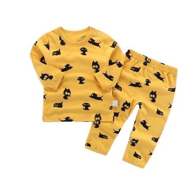 China Factory Price Breathable Wholesale High Quality Yellow Cute Cat Kids Pajamas Set Round Neck Autumn Clothes And Pants Two-piece Suit for sale