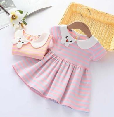 China High Quality Breathable Stock Baby Pink Dress Girls Striped Lapel Princess Dress for sale