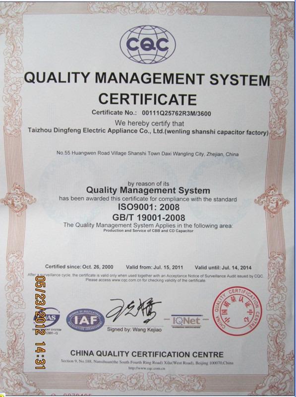 ISO9001 - Wenling Shanshi Capacitor Manufactory