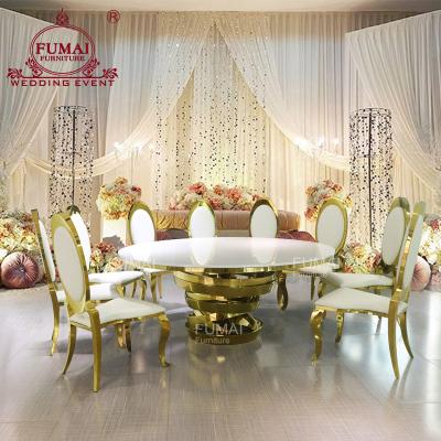 China Gold 10 Seater Stainless Steel Base Modern MDF Top Round Banquet Table for sale