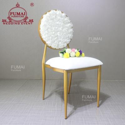 China Round Gold Flower Hotel Chair Wedding Furniture Metal Back Stackable Dining Chair For Event Wedding Used for sale