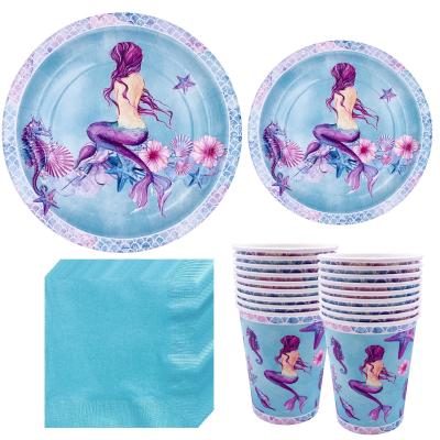 China Disposable Mermaid Birthday Party Package Baby Birthday Decoration Paper Plate Napkins Plus Birthday Party for sale