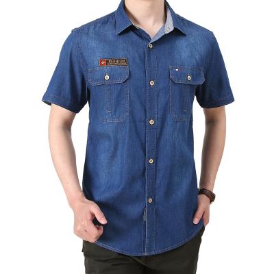 China Latest Cheap Short Sleeve Cotton Anti-pilling Denim Washed Casual Lattice Shirt Designs 100% For Men for sale