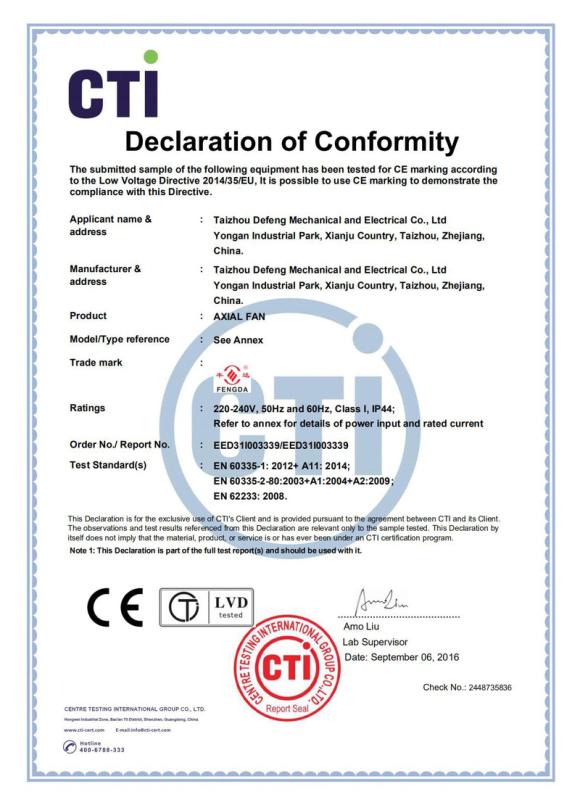 CE - Taizhou Defeng Mechanical And Electrical Co., Ltd.