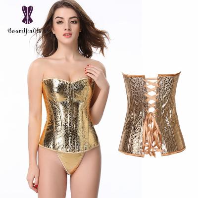 China Antibacterial Plus Size Women Underwear Lingerie Gold Bodice Shinny Leather Overbust Corset With G - String for sale