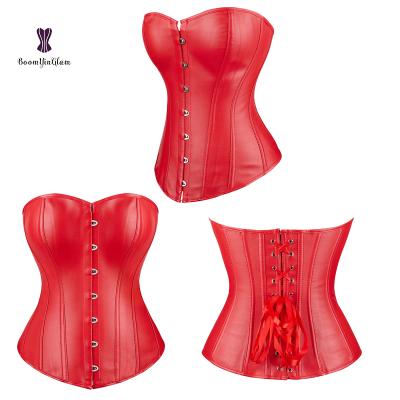 China Sustainable Elastic Boned Front Buckle Closure 14pcs Women Leather Corset Sexy Red Mature for sale