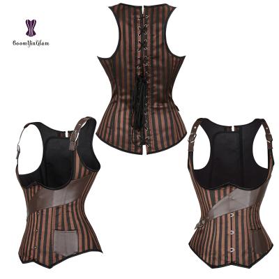 China Sexy Antibacterial Brown Lace Up Corset Women Sleeveless Striped Underbust Waist Trainer for sale