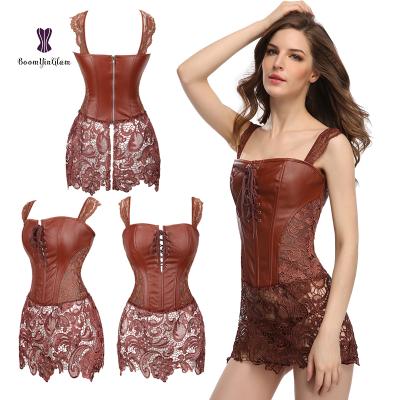 China Women Antibacterial Faux Lace Leather Corset Long Slimming Strap Corset Mini Skirt Dress for sale