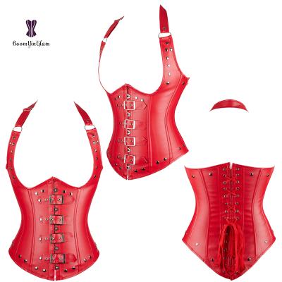 China Antibacterial High Quality Synthetic Leather Vest Style Women Solid Black Red Sexy Corset For Halloween for sale