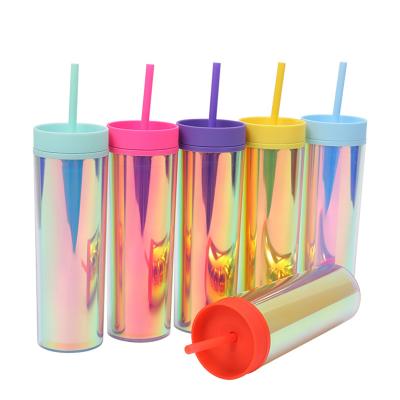 China Stocked STARLII 2023 Wholesale Colorful Design Bpa Free Acrylic Plastic Skinny Double Wall Tumbler Cup With Lid And Straw for sale