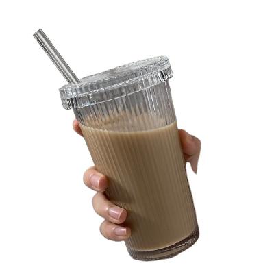 China Sustainable SARTLII Bpa Free Vertical Striped Borosilicate Glass Tumblers With Straw And Lid Drinking Cup Mug Perfect Gift for sale