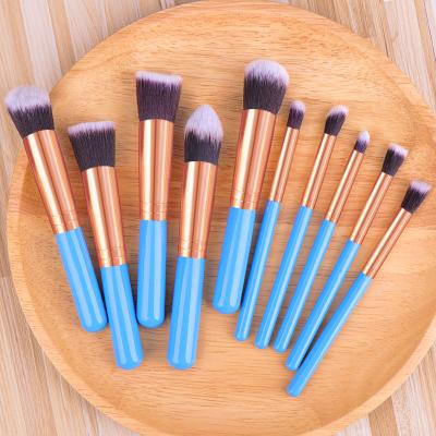 China Angular Blush 10pcs Customized Private Label Wooden Rainbow Synthetic Fiber Powder Foundation Professional Eyebrow Makeup Brush for sale