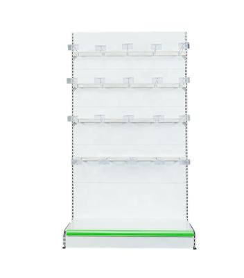 China Single Sided Supermarket Shelf With Hook Metal Perforated Gondola Shelving Steel Retail Display Rack for sale